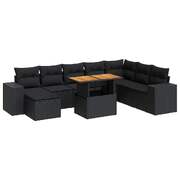 9 Piece Garden Sofa Set with Cushions Black Poly Rattan Acacia  - Stylish