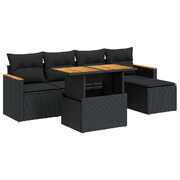 6 Piece Garden Sofa Set with Cushions Black Poly Rattan Acacia