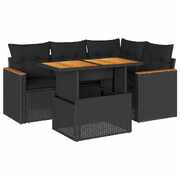 5 Pcs Garden Sofa Set with Cushions Black Poly Rattan Acacia - Sleek & Functional