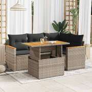 5 Piece Garden Sofa Set with Cushions Grey Poly Rattan Acacia