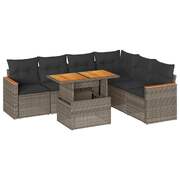 7 Piece Garden Sofa Set with Cushions Grey Poly Rattan Acacia - Luxurious