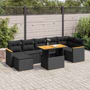 8 Piece Garden Sofa Set with Cushions Black Poly Rattan Acacia - Sleek & Functional