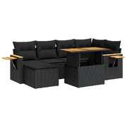 7 Piece Garden Sofa Set with Cushions Black Poly Rattan Acacia 