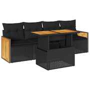 Stylish Comfort 5 Piece Garden Sofa Set with Cushions Black Poly Rattan Acacia