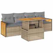 5 Piece Garden Sofa Set with Cushions Beige Poly Rattan Acacia - Elegant