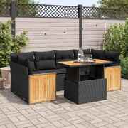 7 Piece Garden Sofa Set with Cushions - Black Poly Rattan Acacia 