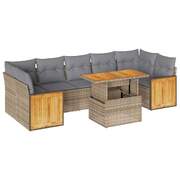 8 Piece Garden Sofa Set with Cushions Beige Poly Rattan Acacia