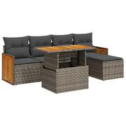 6 Piece Garden Sofa Set with Cushions Grey Poly Rattan Acacia - Elegant