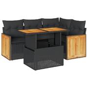 Stylish 5 Piece Garden Sofa Set with Cushions Black Poly Rattan Acacia