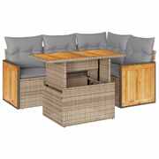 5 Piece Garden Sofa Set with Cushions Beige Poly Rattan Acacia 