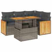 5 Piece Garden Sofa Set with Cushions Grey Poly Rattan Acacia - Durable