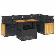 6 Piece Garden Sofa Set with Cushions - Black Poly Rattan Acacia