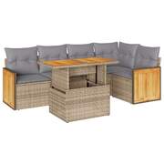 6 Piece Garden Sofa Set with Cushions Beige Poly Rattan Acacia 