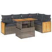 6 Piece Garden Sofa Set with Cushions Grey Poly Rattan Acacia - Durable