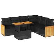 Stylish Comfort 7 Piece Garden Sofa Set with Cushions - Black Poly Rattan Acacia