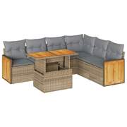 7 Pcs Garden Sofa Set with Cushions Beige Poly Rattan Acacia - Elegant