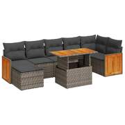 7 Piece Garden Sofa Set with Cushions Grey Poly Rattan Acacia - Durable