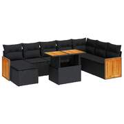 Modern 7 Piece Garden Sofa Set with Cushions Black Poly Rattan Acacia