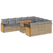 Garden Sofa Set with Cushions Couch 11 Piece Beige Poly Rattan Acacia