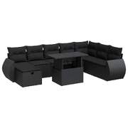 Durable 9 Piece Garden Sofa Set with Cushions Black Poly Rattan