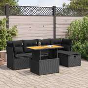 Garden Sofa Set with Cushions Couch 6 Piece Black Poly Rattan Acacia - Sleek