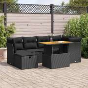 Garden Sofa Set with Cushions Couch 7 Piece Black Poly Rattan Acacia