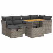 7 Piece Garden Sofa Set with Cushions Grey Poly Rattan Acacia - Stylish Outdoor Comfort