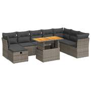 9 Pcs Garden Sofa Set with Cushions Grey Poly Rattan Acacia - Comfort & Style