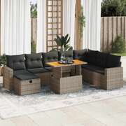 9 Piece Garden Sofa Set with Cushions Grey Poly Rattan Acacia - Outdoor Relaxation