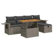 6 Piece Garden Sofa Set with Cushions Grey Poly Rattan Acacia - Outdoor