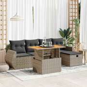 6 Piece Garden Sofa Set with Cushions Grey Poly Rattan Acacia - Outdoor Comfort