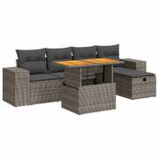 6 Piece Garden Sofa Set with Cushions Grey Poly Rattan Acacia - Stylish Comfort