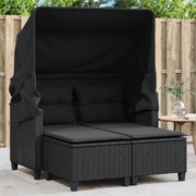 Garden Sofa 2-Seater with Canopy and Stools-Black Poly Rattan