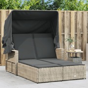 Double Sun Lounger with Canopy and Cushions Light Grey Poly Rattan