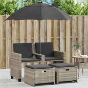 Garden Sofa 2-Seater with Parasol and Stools Couch Light Grey Poly Rattan