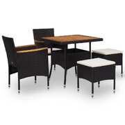 5 Piece Outdoor Dining Set Black Poly Rattan and Acacia Wood