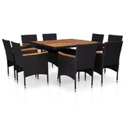 9 Piece Outdoor Dining Set Black Poly Rattan and Acacia Wood