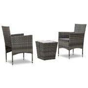 3 Piece Bistro Set Poly Rattan and Tempered Glass Grey