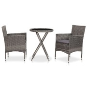 3 Piece Garden Bistro Set Poly Rattan and Tempered Glass Grey