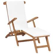 Deck Chair with Cushion Cream White Solid Teak Wood