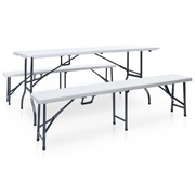 Folding Garden Table with 2 Benches 180 cm Steel and HDPE White