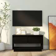 TV Cabinet Black Solid Wood Pine