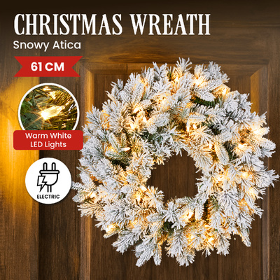 61Cm Snowy Atica Pre-Lit Warm White Led Snowy Finish Christmas Wreath