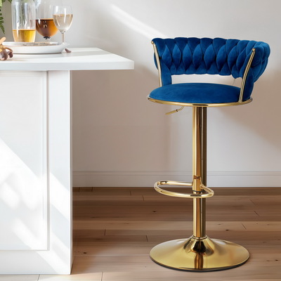 Bar Stools Gas Lift Velvet Woven Backrest Navy