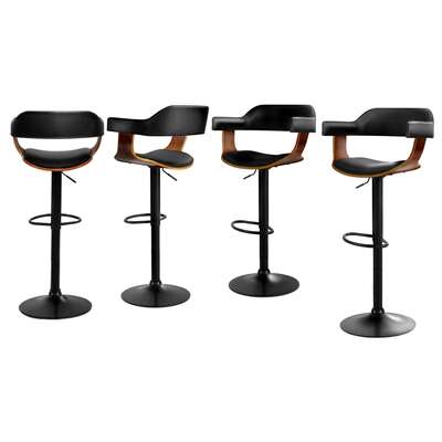 4x Bar Stools Gas Lift Leather with Armrest All Black