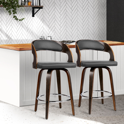 Set of 2 Walnut Wooden Bar Stool - Grey and Walnut