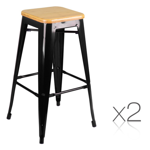 Set of 2 Bamboo Backless Bar Stools - Black