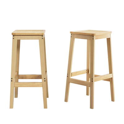 2x Bar Stools Rubber Wood Stool Counter Chair Rattan Barstools Kitchen