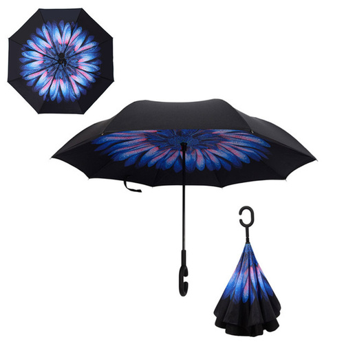 Windproof Double-Layered Hands Free Folding Upside-Down Umbrella Large Flower