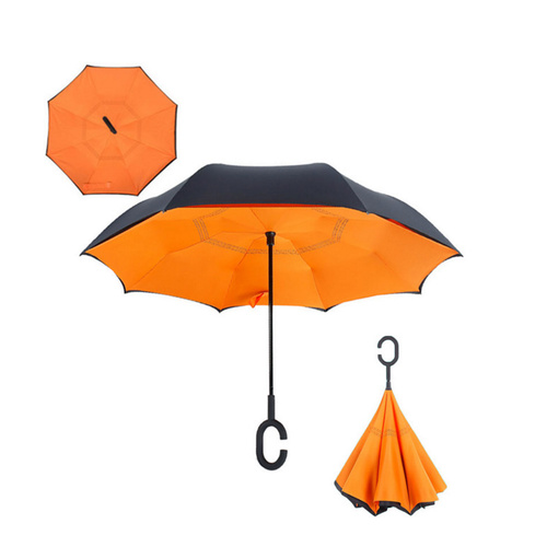 Windproof Double-Layered Hands Free Folding Upside-Down Umbrella Orange 